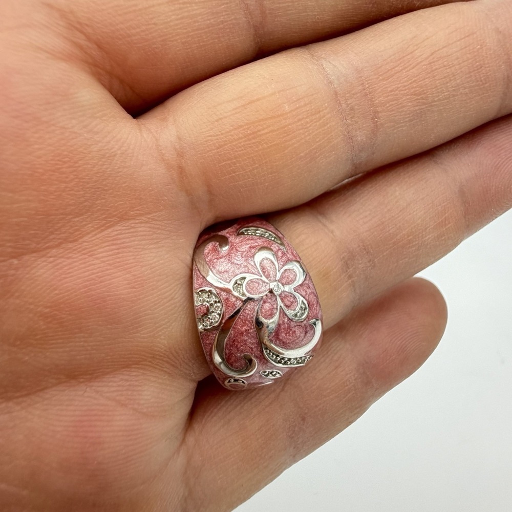 Vtg QVC Designer JWBR Sterling Silver Diamond Ring Floral Pink Enamel Sz7.25 - Picture 9 of 16